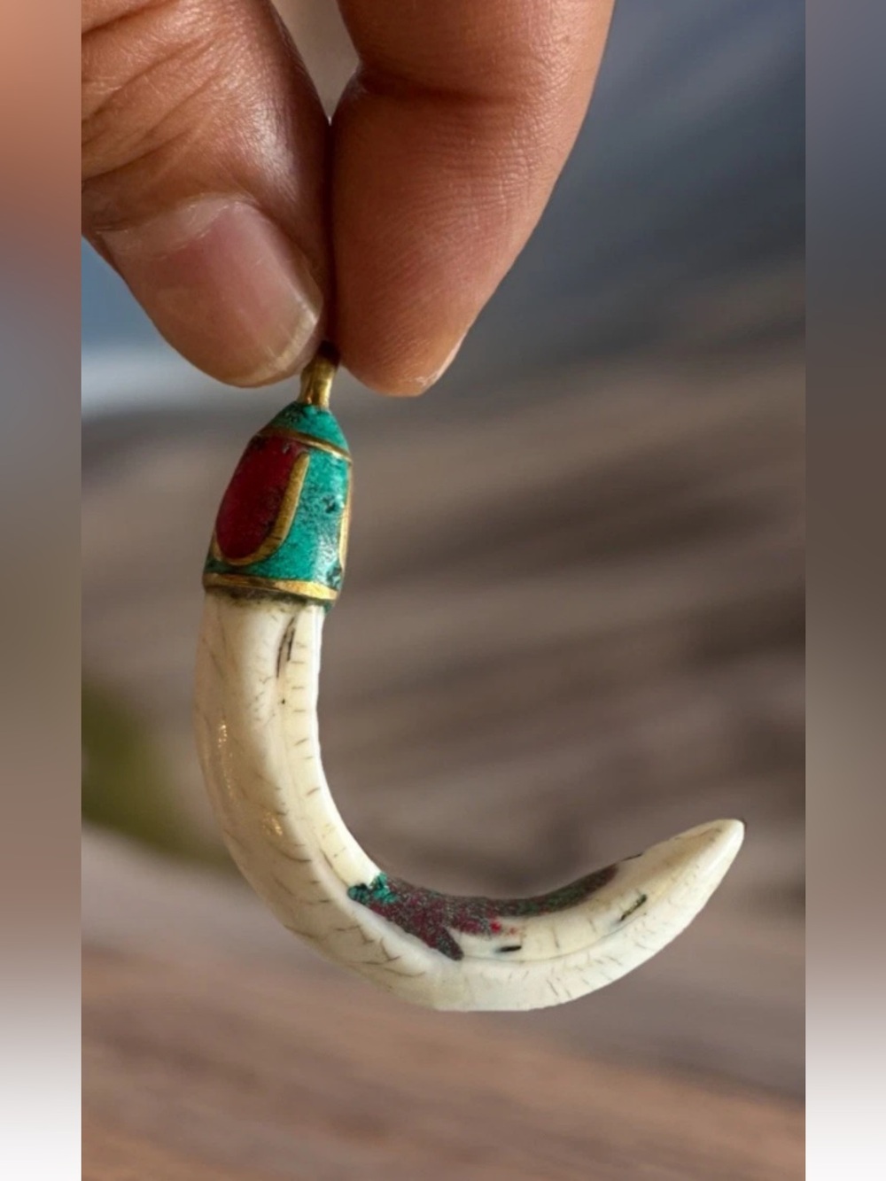 Vintage Tusk Shape Ethnic Tibetan Yak Bone Handmade Amulet Pendant 2”in & 11gram